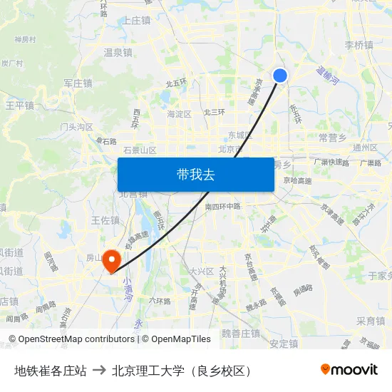 地铁崔各庄站 to 北京理工大学（良乡校区） map