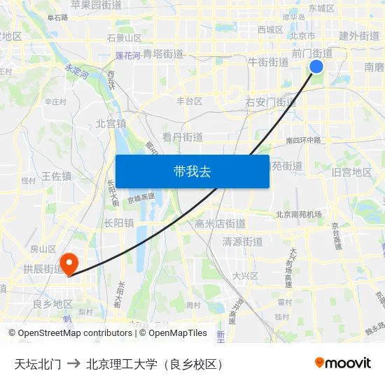 天坛北门 to 北京理工大学（良乡校区） map