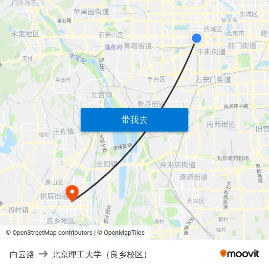 白云路 to 北京理工大学（良乡校区） map