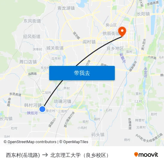 西东村(岳琉路) to 北京理工大学（良乡校区） map
