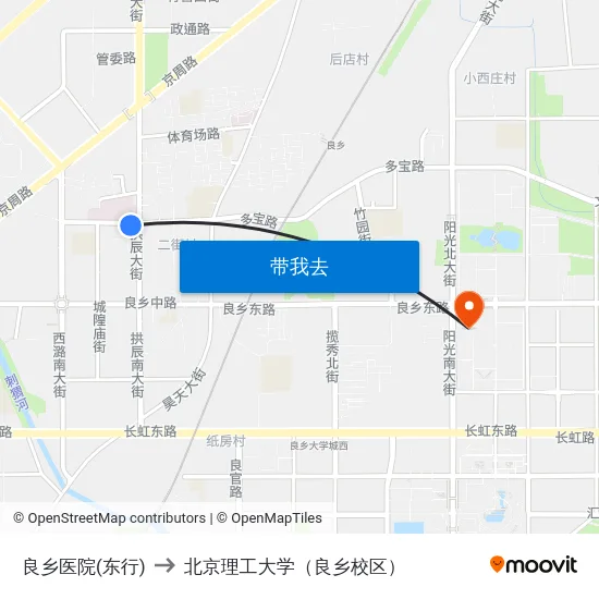 良乡医院(东行) to 北京理工大学（良乡校区） map