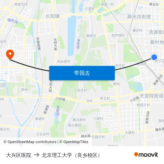 大兴区医院 to 北京理工大学（良乡校区） map