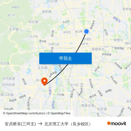 安贞桥东(三环主) to 北京理工大学（良乡校区） map