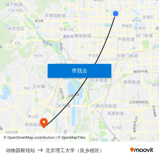 动物园枢纽站 to 北京理工大学（良乡校区） map