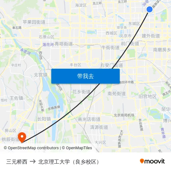 三元桥西 to 北京理工大学（良乡校区） map