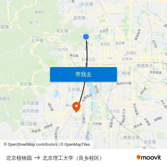北京植物园 to 北京理工大学（良乡校区） map