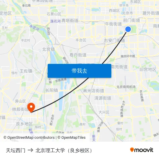 天坛西门 to 北京理工大学（良乡校区） map