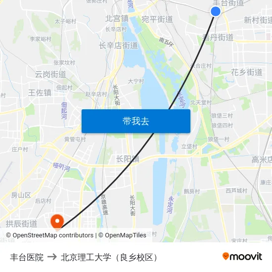 丰台医院 to 北京理工大学（良乡校区） map
