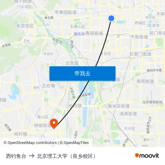 西钓鱼台 to 北京理工大学（良乡校区） map