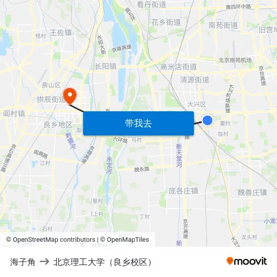 海子角 to 北京理工大学（良乡校区） map