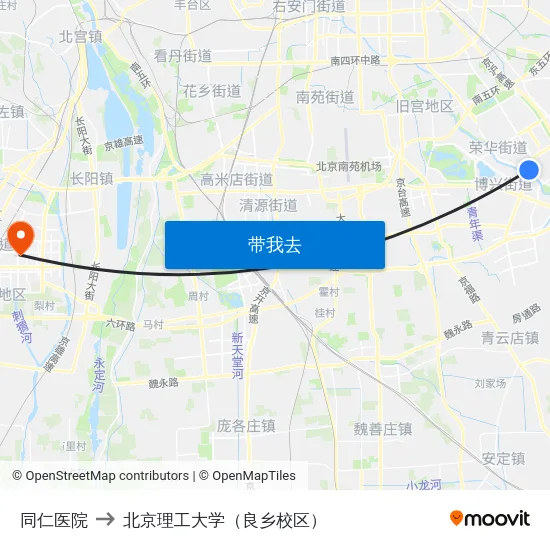 同仁医院 to 北京理工大学（良乡校区） map