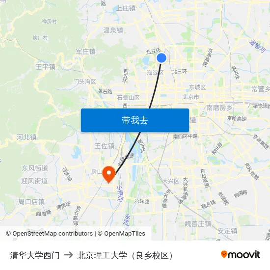 清华大学西门 to 北京理工大学（良乡校区） map