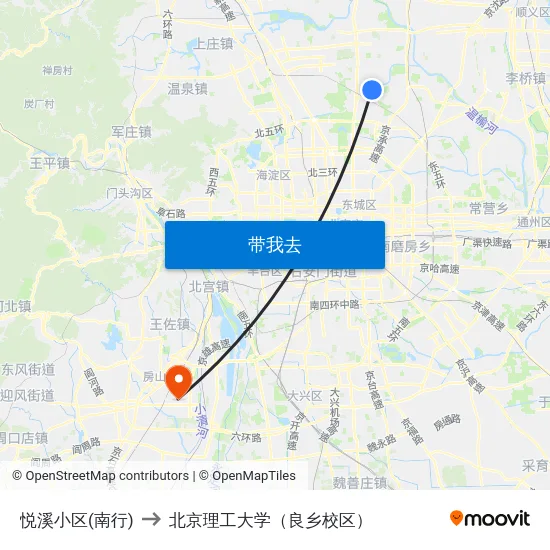 悦溪小区(南行) to 北京理工大学（良乡校区） map