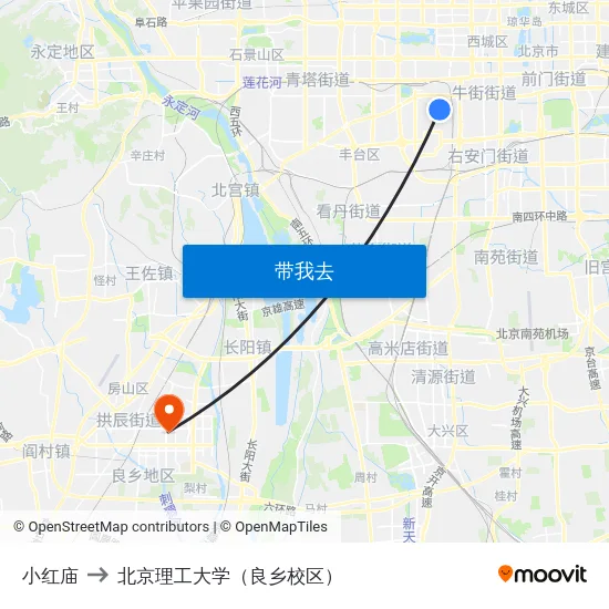 小红庙 to 北京理工大学（良乡校区） map