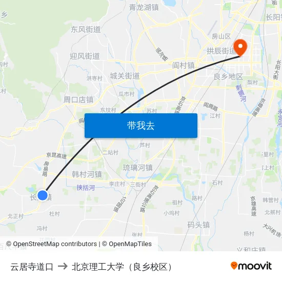 云居寺道口 to 北京理工大学（良乡校区） map