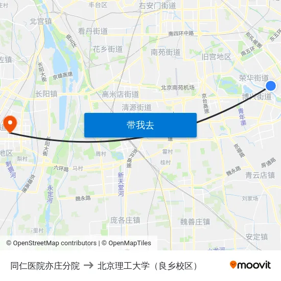 同仁医院亦庄分院 to 北京理工大学（良乡校区） map
