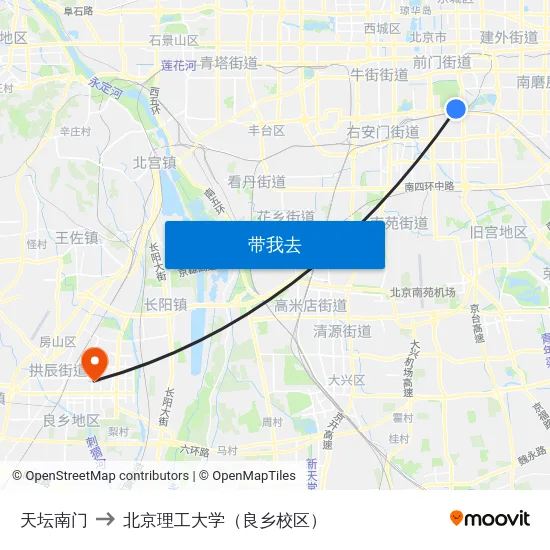 天坛南门 to 北京理工大学（良乡校区） map