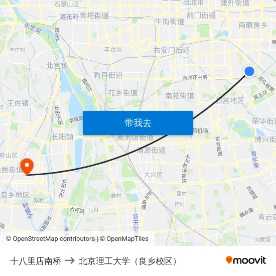 十八里店南桥 to 北京理工大学（良乡校区） map