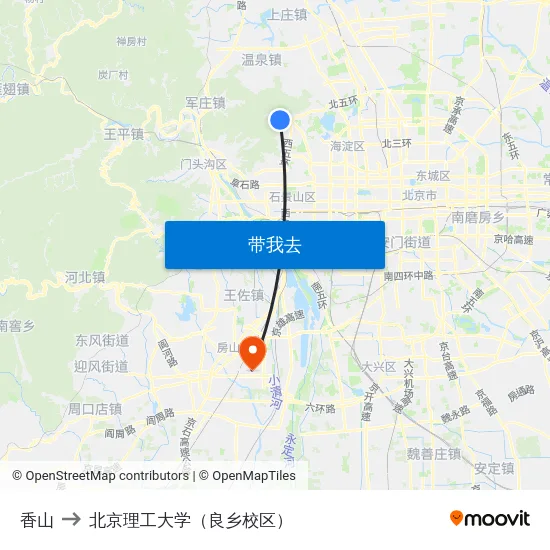 香山 to 北京理工大学（良乡校区） map