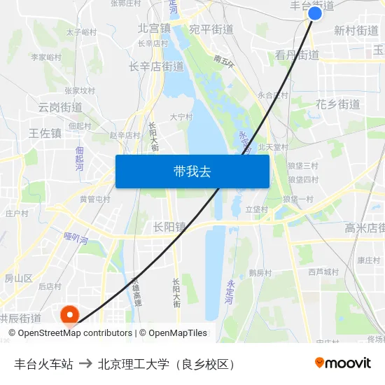 丰台火车站 to 北京理工大学（良乡校区） map