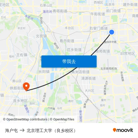 海户屯 to 北京理工大学（良乡校区） map
