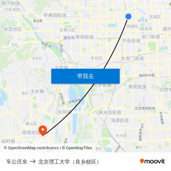 车公庄东 to 北京理工大学（良乡校区） map