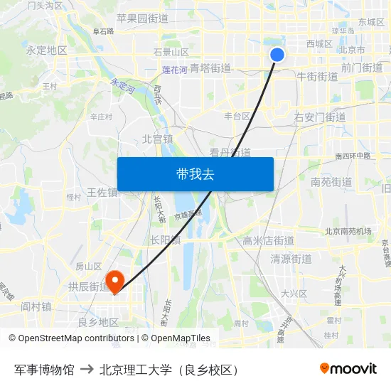 军事博物馆 to 北京理工大学（良乡校区） map