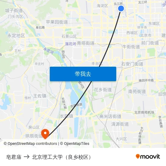 皂君庙 to 北京理工大学（良乡校区） map