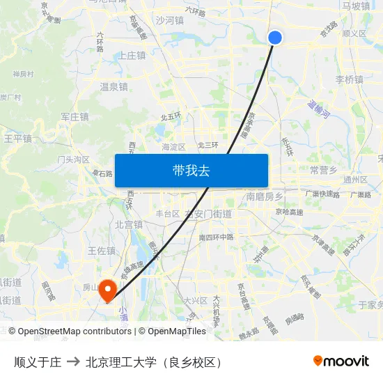 顺义于庄 to 北京理工大学（良乡校区） map