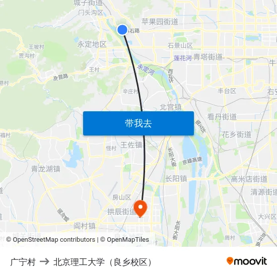 广宁村 to 北京理工大学（良乡校区） map