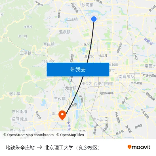 地铁朱辛庄站 to 北京理工大学（良乡校区） map
