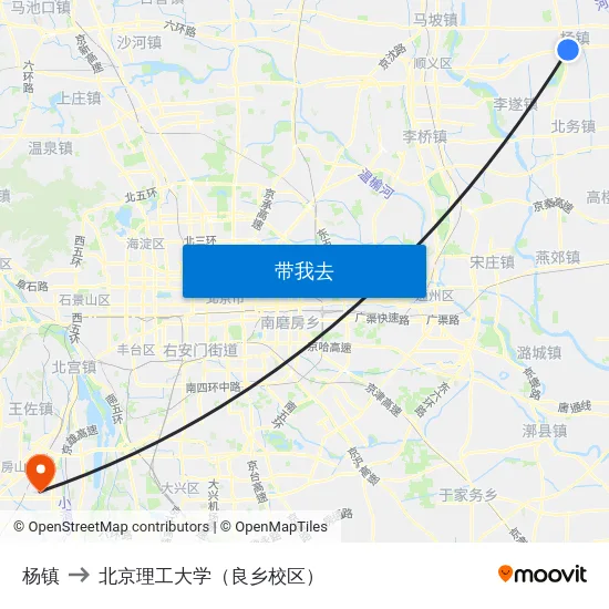 杨镇 to 北京理工大学（良乡校区） map