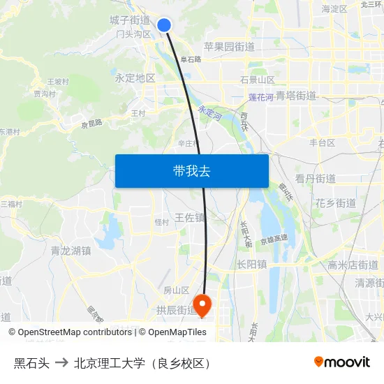 黑石头 to 北京理工大学（良乡校区） map