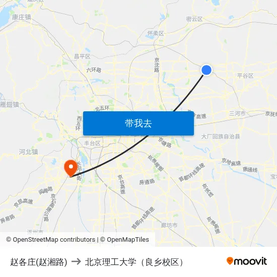 赵各庄(赵湘路) to 北京理工大学（良乡校区） map