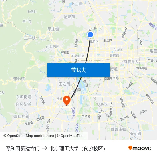 颐和园新建宫门 to 北京理工大学（良乡校区） map