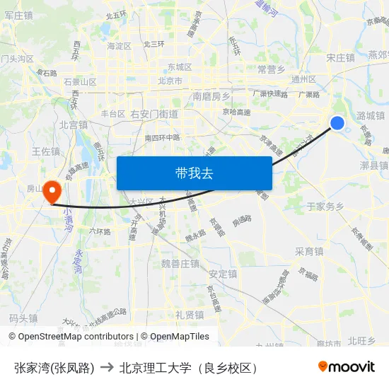张家湾(张凤路) to 北京理工大学（良乡校区） map