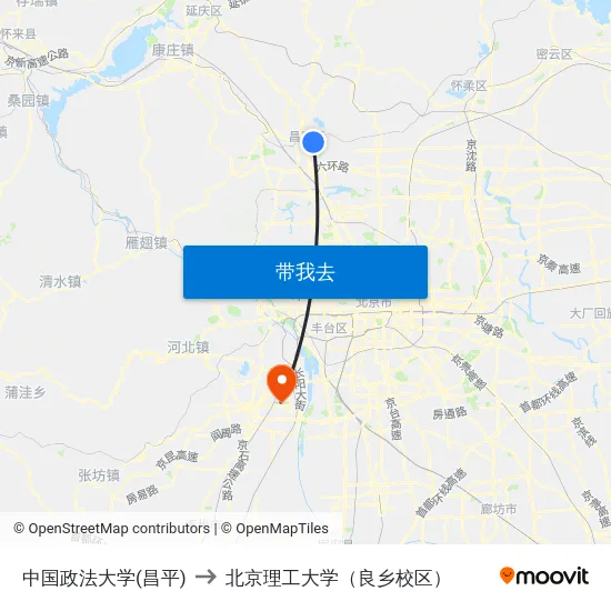中国政法大学(昌平) to 北京理工大学（良乡校区） map