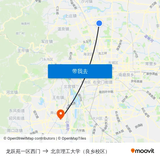 龙跃苑一区西门 to 北京理工大学（良乡校区） map
