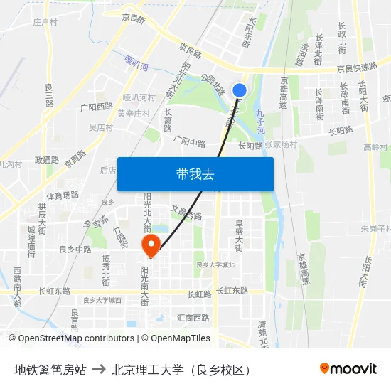 地铁篱笆房站 to 北京理工大学（良乡校区） map