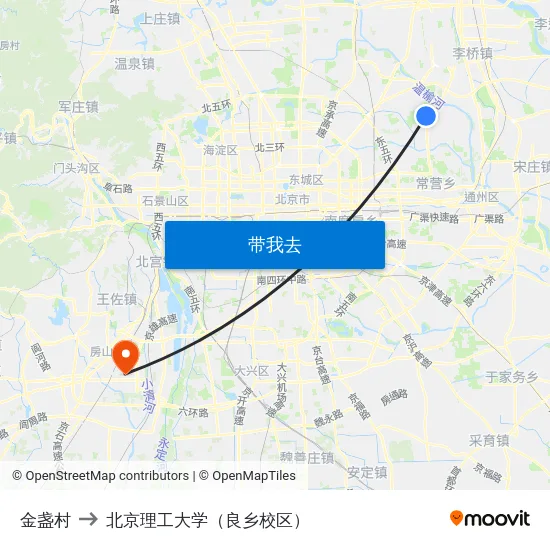 金盏村 to 北京理工大学（良乡校区） map