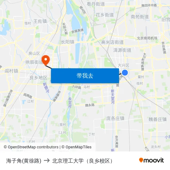 海子角(黄徐路) to 北京理工大学（良乡校区） map