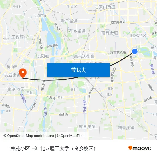 上林苑小区 to 北京理工大学（良乡校区） map