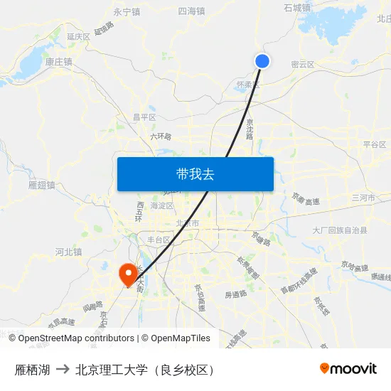 雁栖湖 to 北京理工大学（良乡校区） map