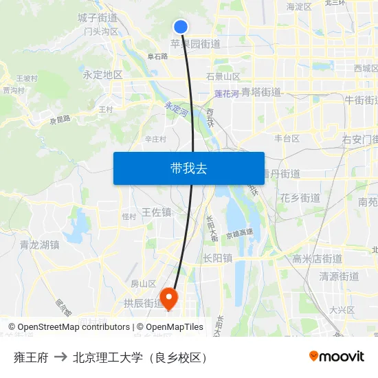 雍王府 to 北京理工大学（良乡校区） map