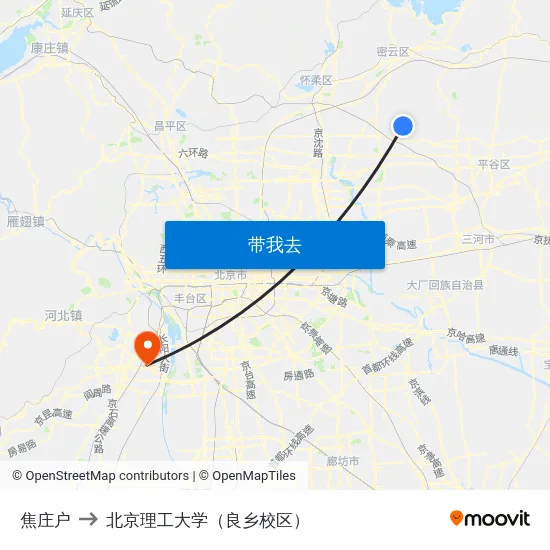 焦庄户 to 北京理工大学（良乡校区） map
