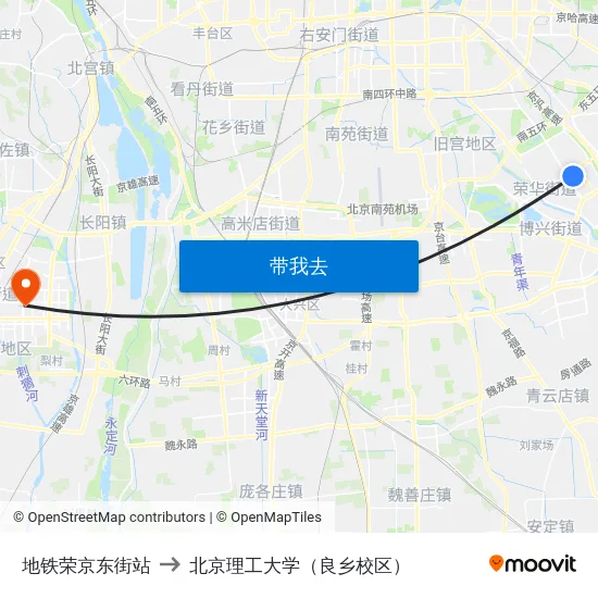 地铁荣京东街站 to 北京理工大学（良乡校区） map