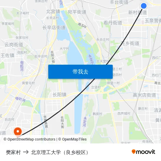 樊家村 to 北京理工大学（良乡校区） map