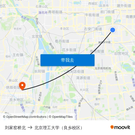 刘家窑桥北 to 北京理工大学（良乡校区） map