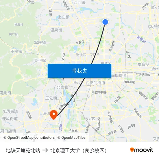 地铁天通苑北站 to 北京理工大学（良乡校区） map