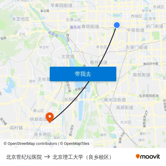 北京世纪坛医院 to 北京理工大学（良乡校区） map